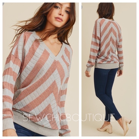 Drop Shoulder Striped V-Neck Knit Top - Picture 1 of 4